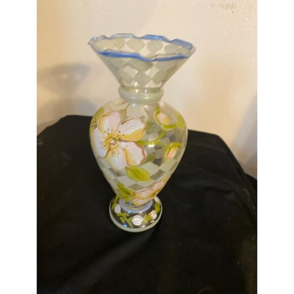 Tracy Porter Hand Painted Vase | Whimsical Floral Glass Trumpet Vase | Checkerbo - Picture 5 of 5